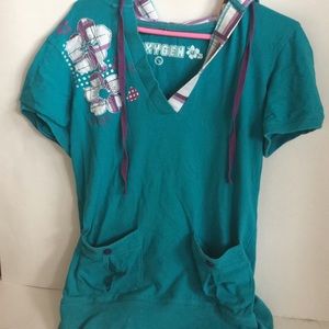 A hooded turquoise T-shirt